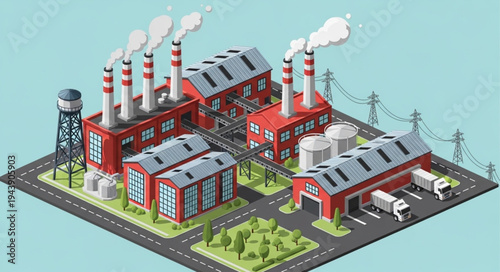 Industrial Factory Complex With Smokestacks.