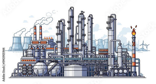 Industrial Factory Complex with Smokestacks.