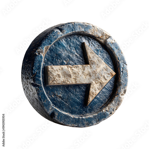 Vintage stone arrow sign with weathered blue paint and rustic texture. Antique circular directional symbol carved in rock. Grungy stone pointer icon for navigation and wayfinding concepts.