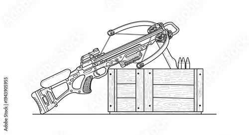 Hunting Crossbow with Bolts and Wooden Crate - Line Art Illustration