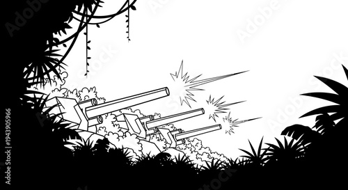 Jungle Ambush: Turrets firing amidst lush foliage, a scene of conflict and defense.