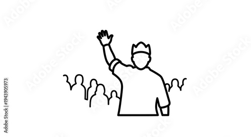 King Waving Hand to Crowd, Royal Figure with Crown Addressing Audience, Leadership Concept