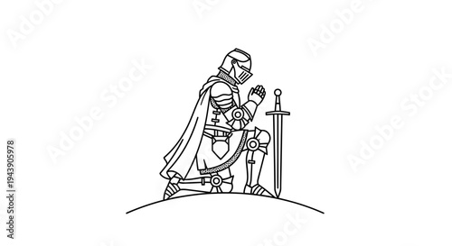 Knight in Armor Kneeling in Prayer with Sword, Medieval Warrior Faith and Devotion