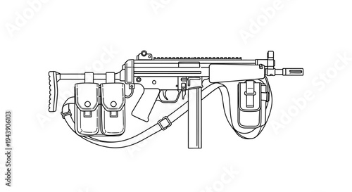 Line Art Illustration of MP5 Submachine Gun with Sling and Pouches