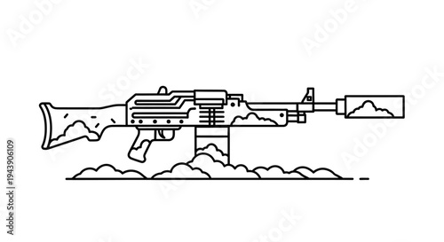 Line Art Machine Gun with Silencer on Clouds, Military Weapon Illustration