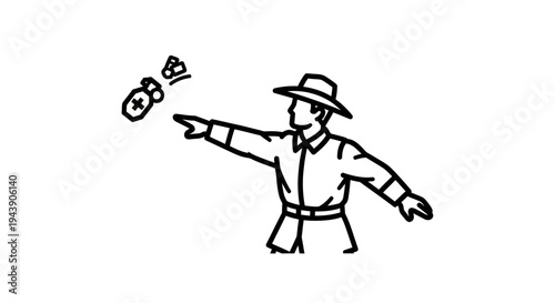 Man in hat throwing bomb, pointing finger, cartoon drawing