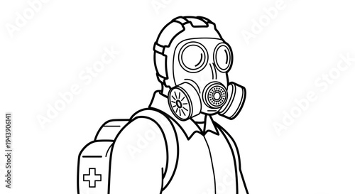Man in Gas Mask and Hazmat Suit with Medical Bag - Line Art Illustration