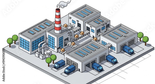 Industrial Factory Complex With Vehicles.