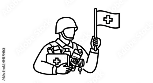 Medic Soldier Holding Medical Flag and First Aid Kit, Military Medical Aid