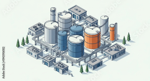 Industrial factory complex with tanks.