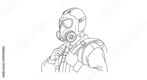 Man wearing gas mask and backpack, protection against pollution, hazard, or pandemic