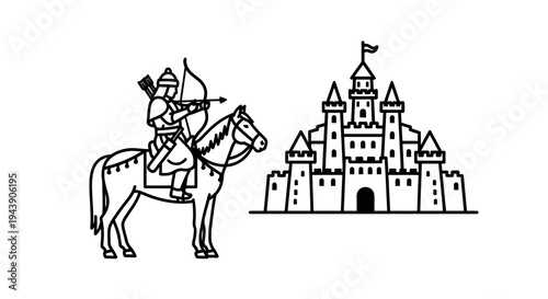 Medieval Archer on Horseback Aiming Bow at Castle