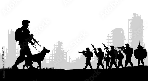 Soldier and Military Dog Patrol in Ruined Cityscape Silhouette