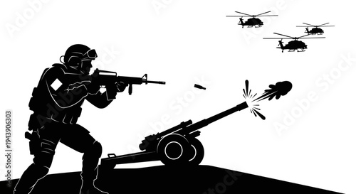 Soldier firing artillery with helicopters in background, military action scene