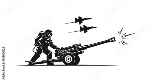 Soldier in Hazmat Suit Fires Artillery Gun with Fighter Jets Flying Overhead