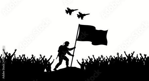 Soldier holding flag with fighter jets flying over cheering crowd, victory celebration