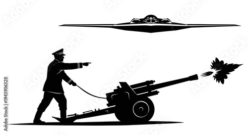 Soldier firing cannon at UFO, military conflict, alien invasion, war, defense, technology