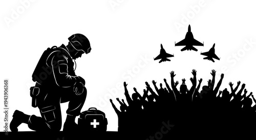 Soldier Kneeling with Medical Kit, Jets Flying Over Cheering Crowd