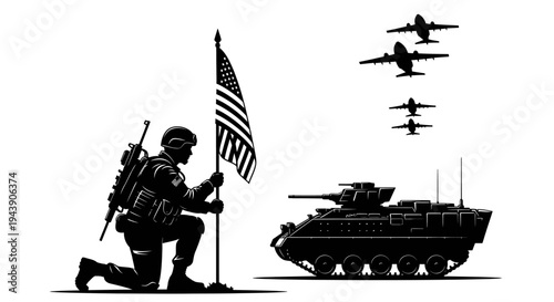 Soldier Kneeling with US Flag, Tank, and Fighter Jets in Formation