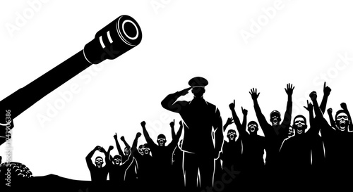 Soldier Salutes Crowd Near Cannon, Symbolizing Military Power and Public Support