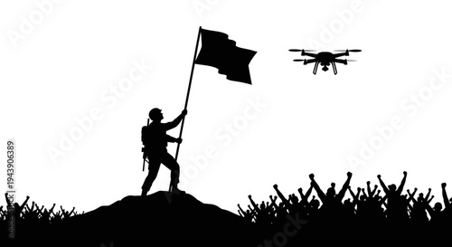 Soldier Planting Flag on Hilltop with Drone Overhead, Crowd Cheering