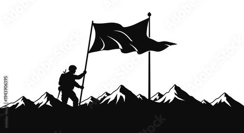 Soldier Planting Flag on Mountain Peak, Symbol of Victory and Achievement