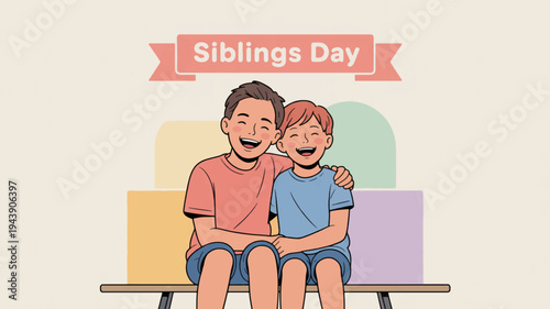 Two happy siblings sitting together on a bench celebrating sibling day with colorful background