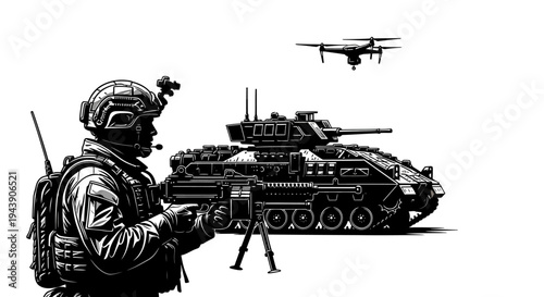 Soldier with Drone and Tank: Modern Warfare and Surveillance Technology