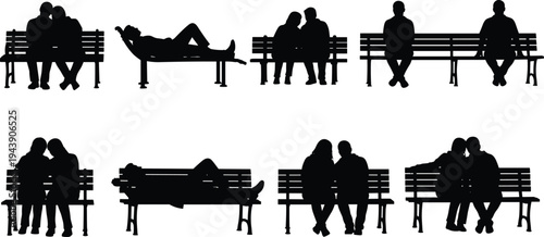 Couple bench silhouettes collection, romantic couple sitting park bench, love relationship concept, people resting outdoor, romantic moments silhouette set