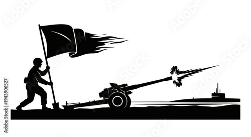 Soldier with Flag and Cannon Firing at Submarine