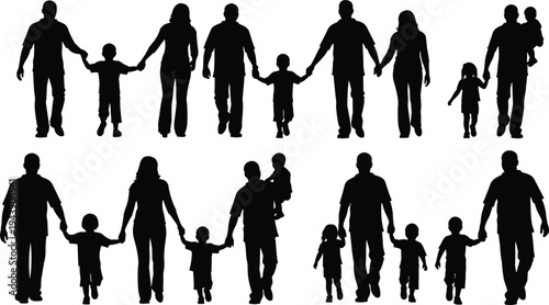Family silhouettes collection, parents and children walking, happy family together, parenting lifestyle concept, father mother kids silhouettes, love care