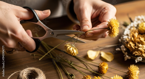 Hands cutting flowers with scissors on a wooden table with a bouquet and twine.