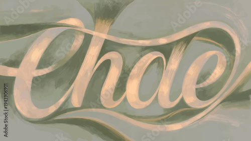 Elegant cursive script displays the word 'Chae' in soft, flowing typography against a muted green background.