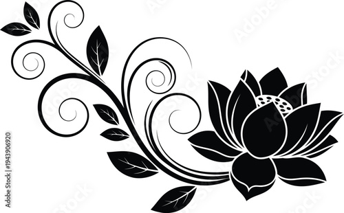 Black outline coloring book Black lotus flower with swirling vines and leaves