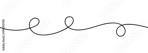 Continuous black squiggle line cable creating abstract wavy vector illustration pattern on white background. Curvy cable thread flowing horizontally with organic squiggle line loops and tangled curve.