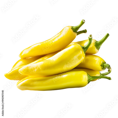 Fresh yellow banana peppers, pile of ripe wax chili peppers with green stems, organic sweet Hungarian peppers for cooking, vibrant raw vegetables for healthy culinary recipes and food design.