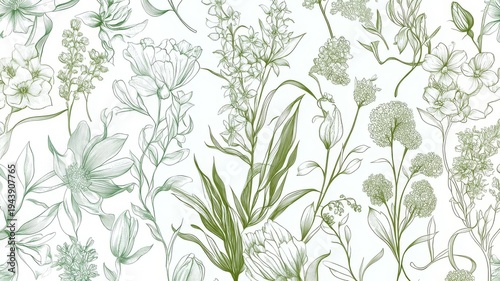 Beautiful seamless floral pattern design featuring delicate blooming flowers and lush greenery.