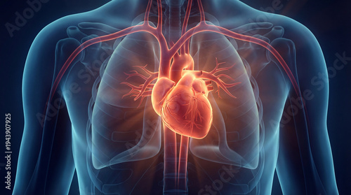 Striking 3D illustration of the human heart, glowing vividly within a translucent torso, detailing the vital circulatory system and intricate anatomy for medical study