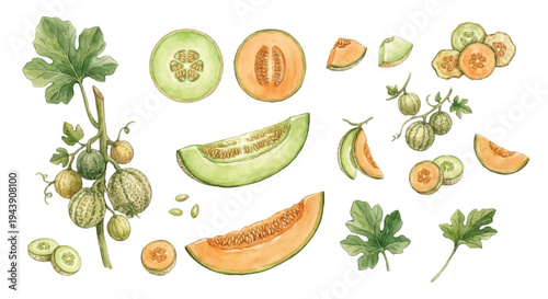 メロンの水彩イラストセット フルーツ素材 Melon Watercolor Illustration Set