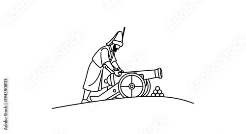 Medieval Warrior Loading Cannon with Cannonballs on Hillside