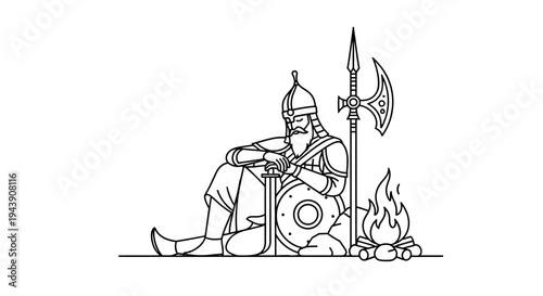 Medieval Warrior Resting by Campfire with Sword and Shield