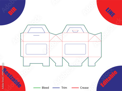 Die cut box template with bleed trim and crease lines