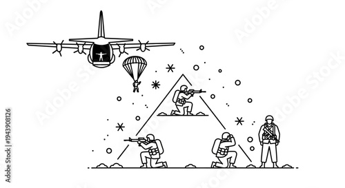 Military Airborne Operation: Soldiers Parachuting and Ground Troops in Combat Formation
