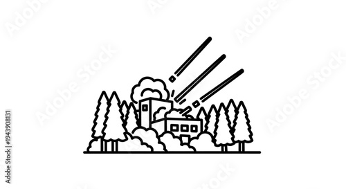 Meteor Strike on House and Trees, Destruction, Disaster Icon
