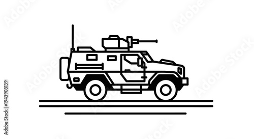 Military Armored Vehicle with Machine Gun Icon - Line Art Illustration