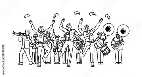 Military Band Marching with Joyful Musicians Jumping and Playing Instruments