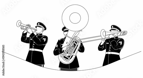 Military Band Musicians Playing Brass Instruments Outdoors