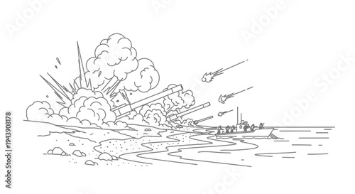 Military Beach Invasion: Artillery Bombardment and Landing Craft