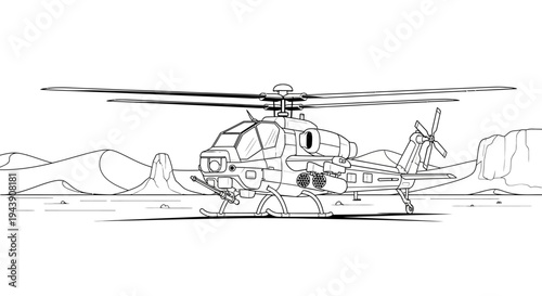 Military Attack Helicopter in Desert Landscape, Line Art Illustration