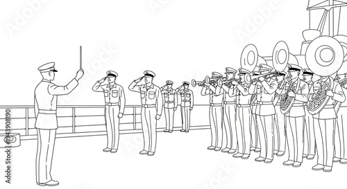 Military Band Performs on Ship Deck with Conductor Directing